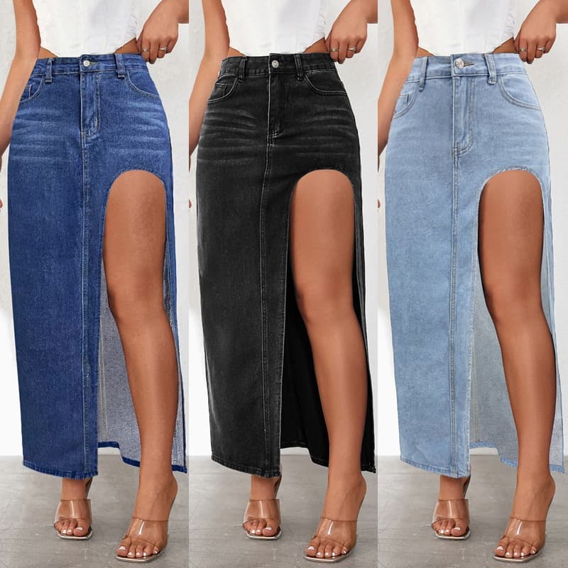 Women's Clothing high slit denim skirt for women 2024 spring and summer new style washed solid color mid-length skirt