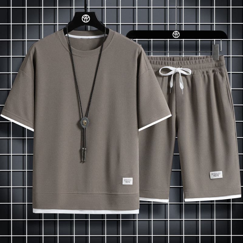 Men's Clothing Waffle Sports Casual Suits For Men Hong Kong Style Loose Two Piece Short Sleeved Shorts