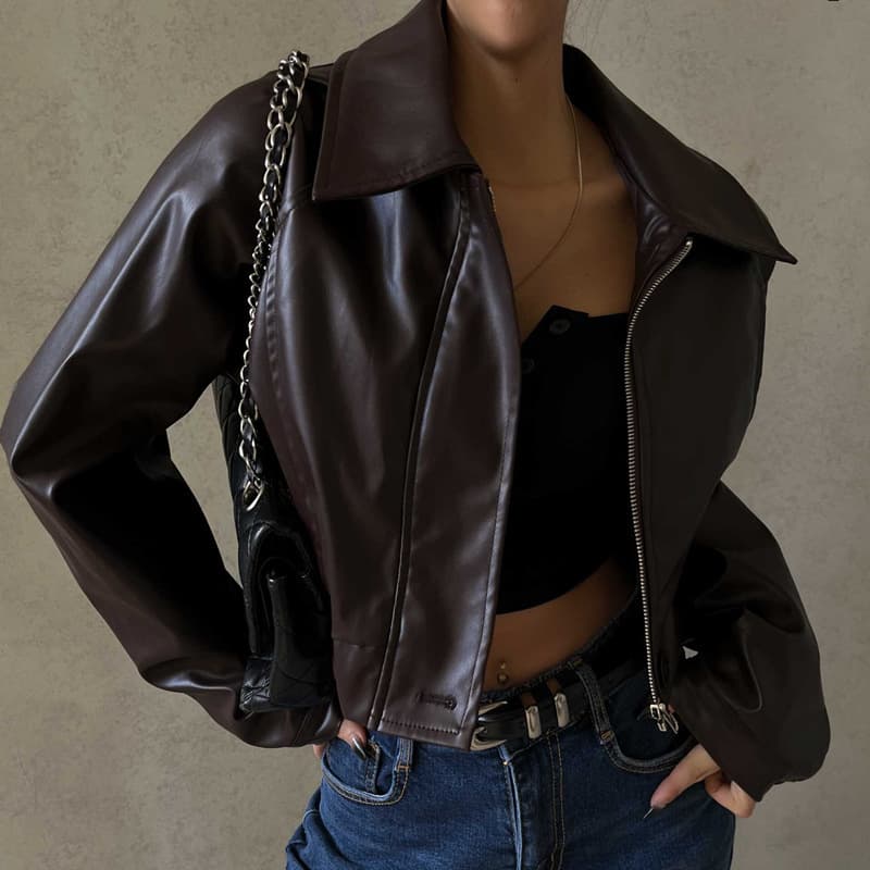 Vintage-Inspired PU Leather Jacket For Women – Stylish Zip-Up Collar, Slim Fit, Retro Casual Outerwear (Brown/Navy/Burgundy)