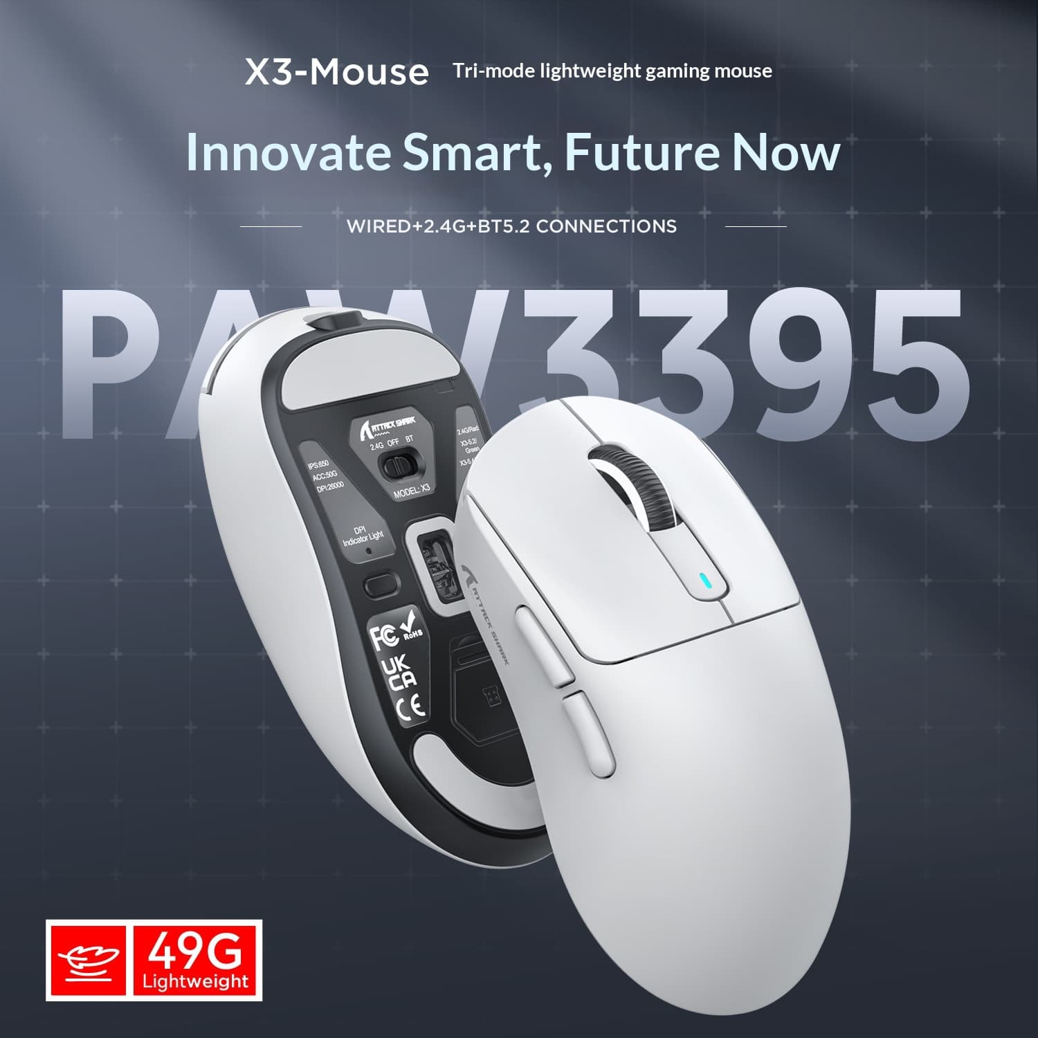Attack Shark X3 Lightweight PAW3395 Gaming Three-Mode Wireless Mouse