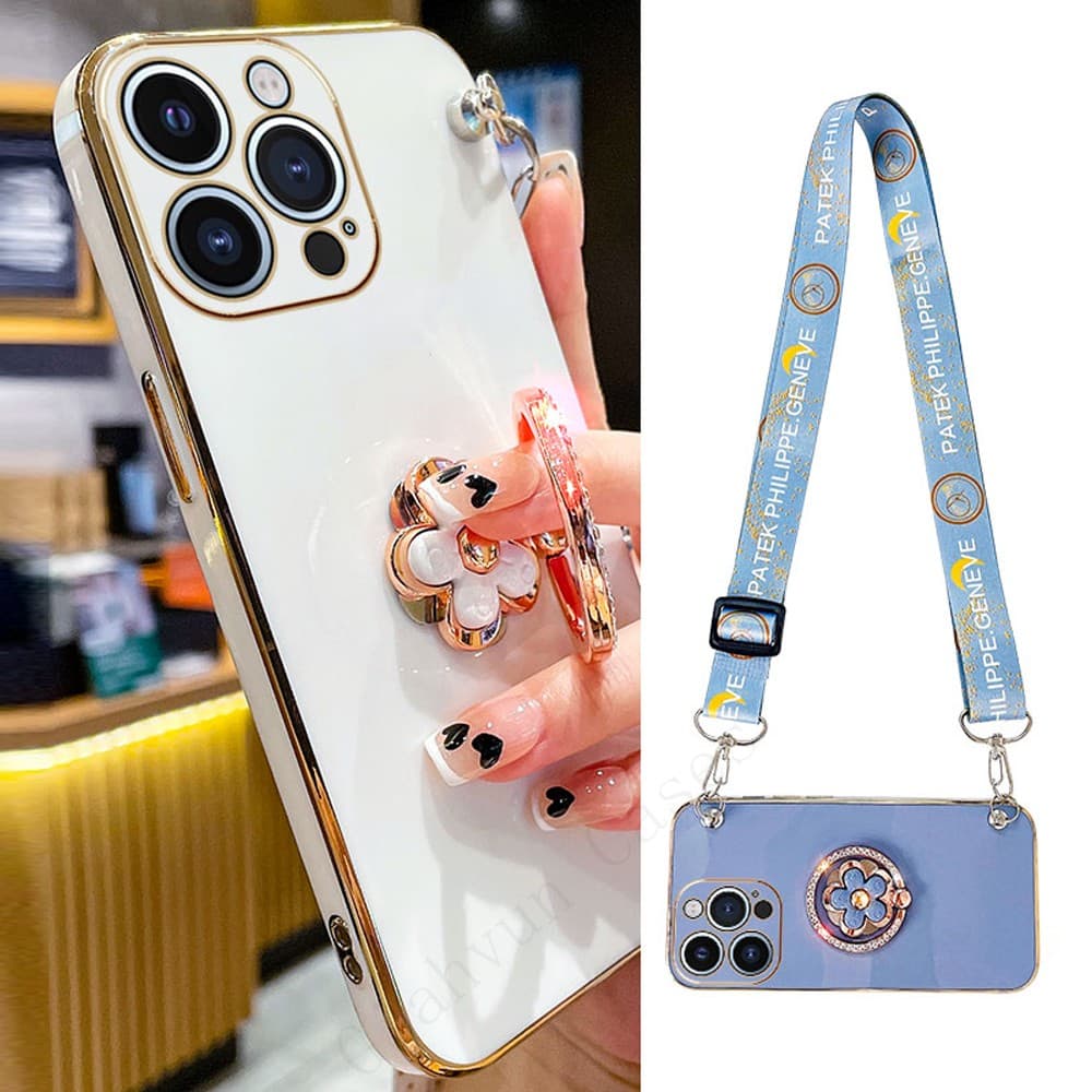 Korea Crystal Flower Ring Holder Strap Plating Phone Case For iphone 14 12 Pro Max MiNi 11 13 Pro X XS XR 6 S 7 8 Plus SE Cover