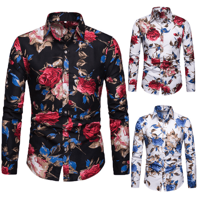 Men's Spring and Autumn Men's Long-sleeved Floral Shirt Lapel Slim-fit Shirt Non-ironing Casual
