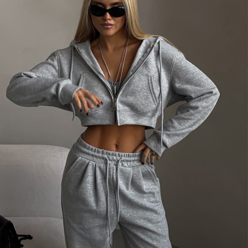 Women's Activewear Autumn New Women's Leisure Suit Solid Color Short Waist Hooded Cardigan Lace Up Sweatpants