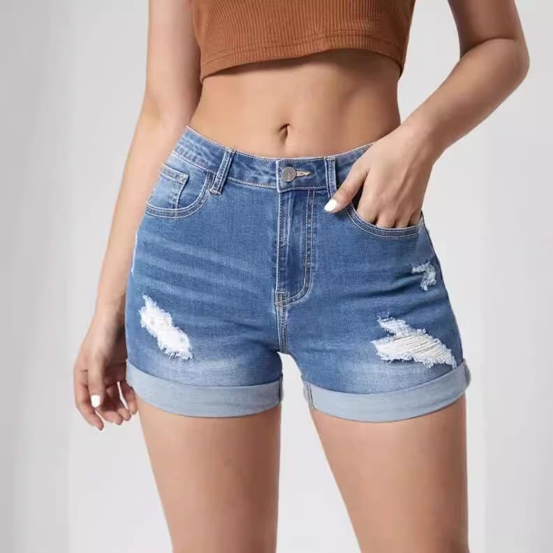 Women's Clothing Trendy Hole Curling High Elastic High Waist Denim Shorts Women's Hot Pants