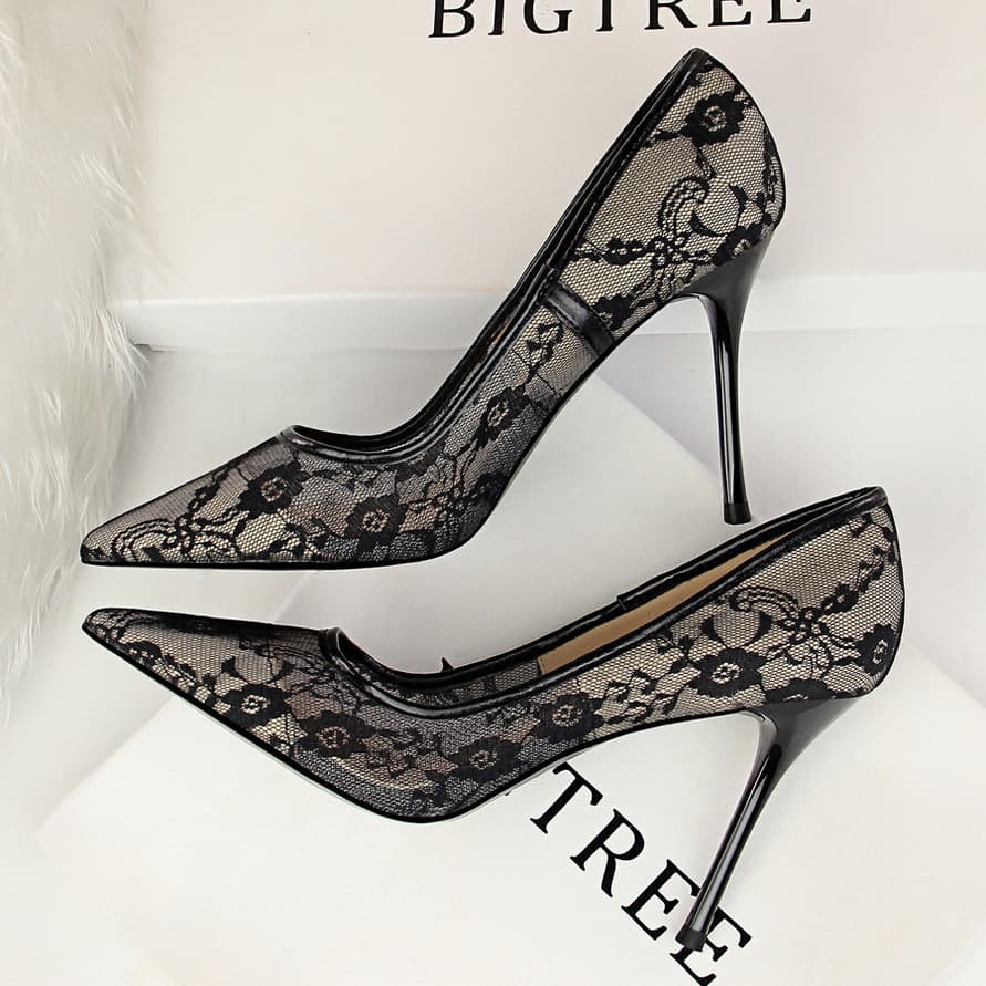 1853-1 Sexy Slim Women's Shoes Thin High Heel Shallow Notched Mesh Hollow Lace Single Shoe