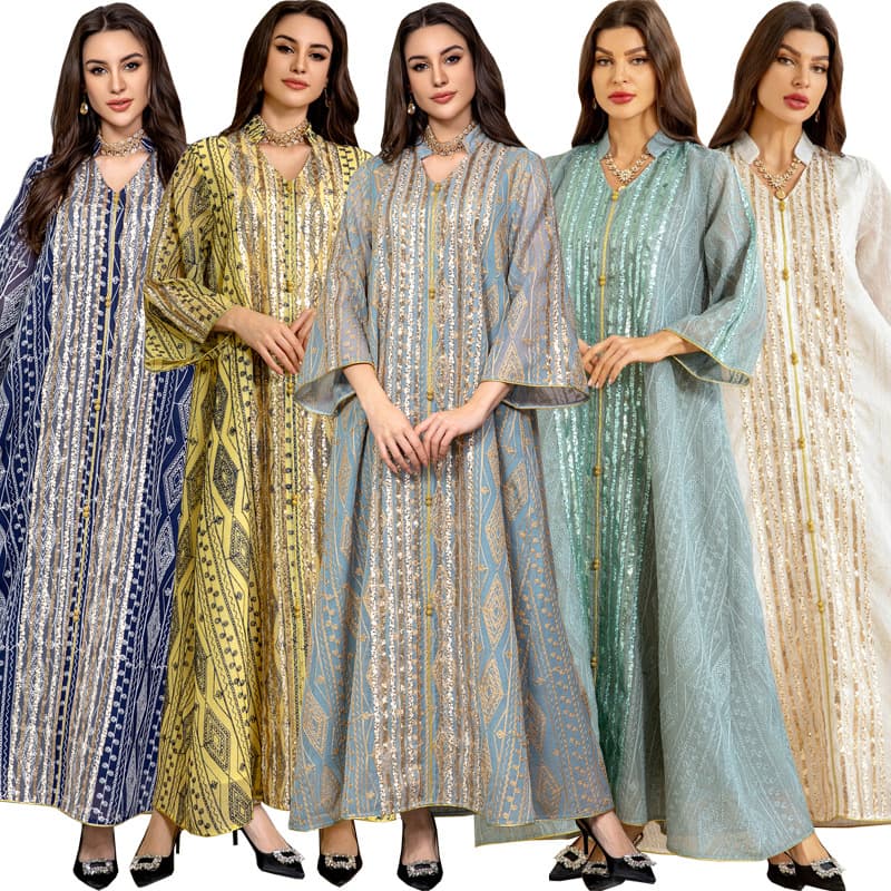 Women's Muslim New Year Mesh Embroidered Evening Gown Sequin Splicing Dress Fashion Dubai Robe
