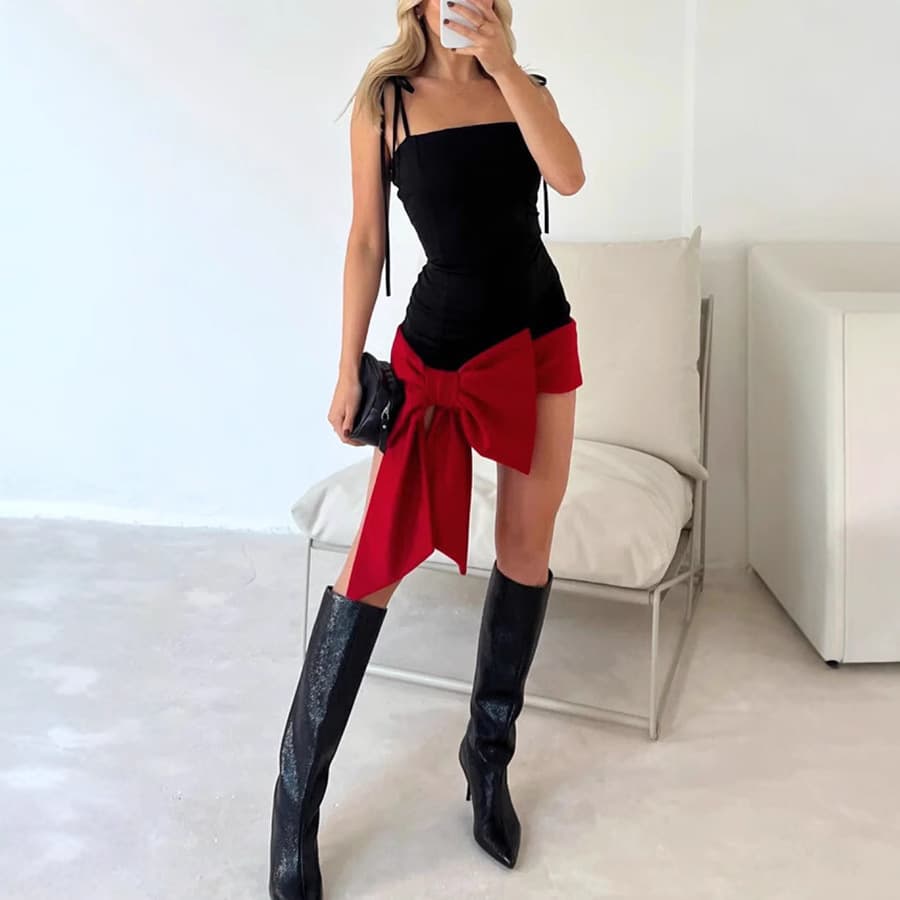 Cross border European and American spring new Valentine's Day suspender slim sexy bow dress party dress for women