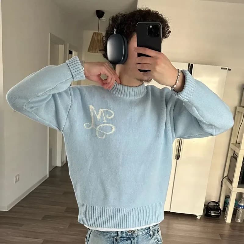 Men's Knit Jacquard Sweater Trendy Street Style Long Sleeve Crochet Top Warm Versatile Loose Fitting Trend Sweater