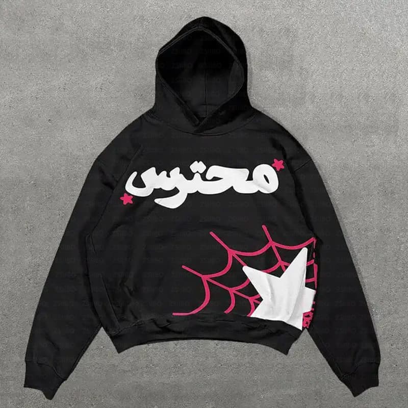 Men's Clothing 2024 new street hip hop style hooded sweatshirt letter spider web print pullover sweatshirt