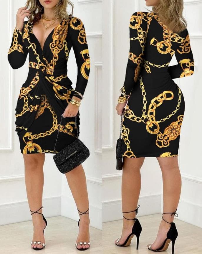 Women's Fashion Irregular Long Sleeve V-neck Wrap Hip Dress