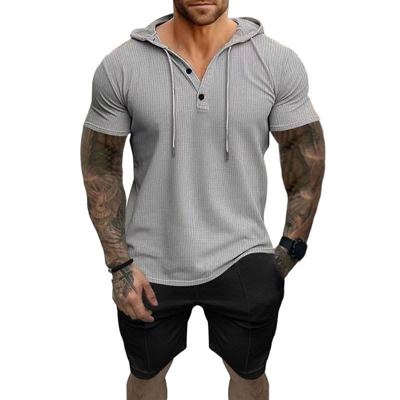 2024 New Summer Men's Casual Short Sleeve Shorts Hoodie Set T-shirt Henley Shirt
