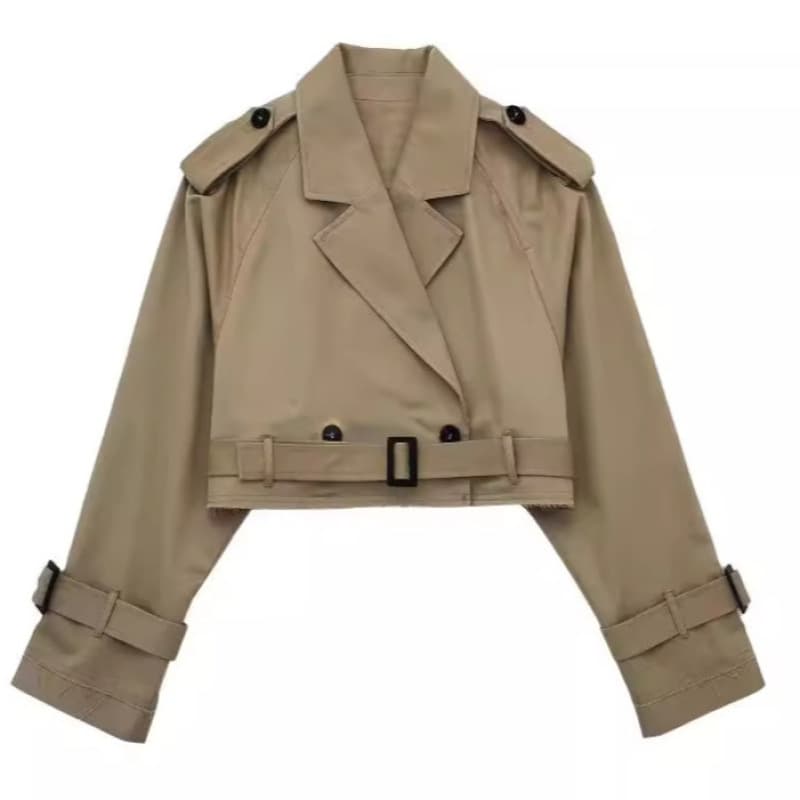 Stylish Belted Short Jacket For Women - Casual Long Sleeve Polyester Cotton Blend Cropped Coat With Notched Collar