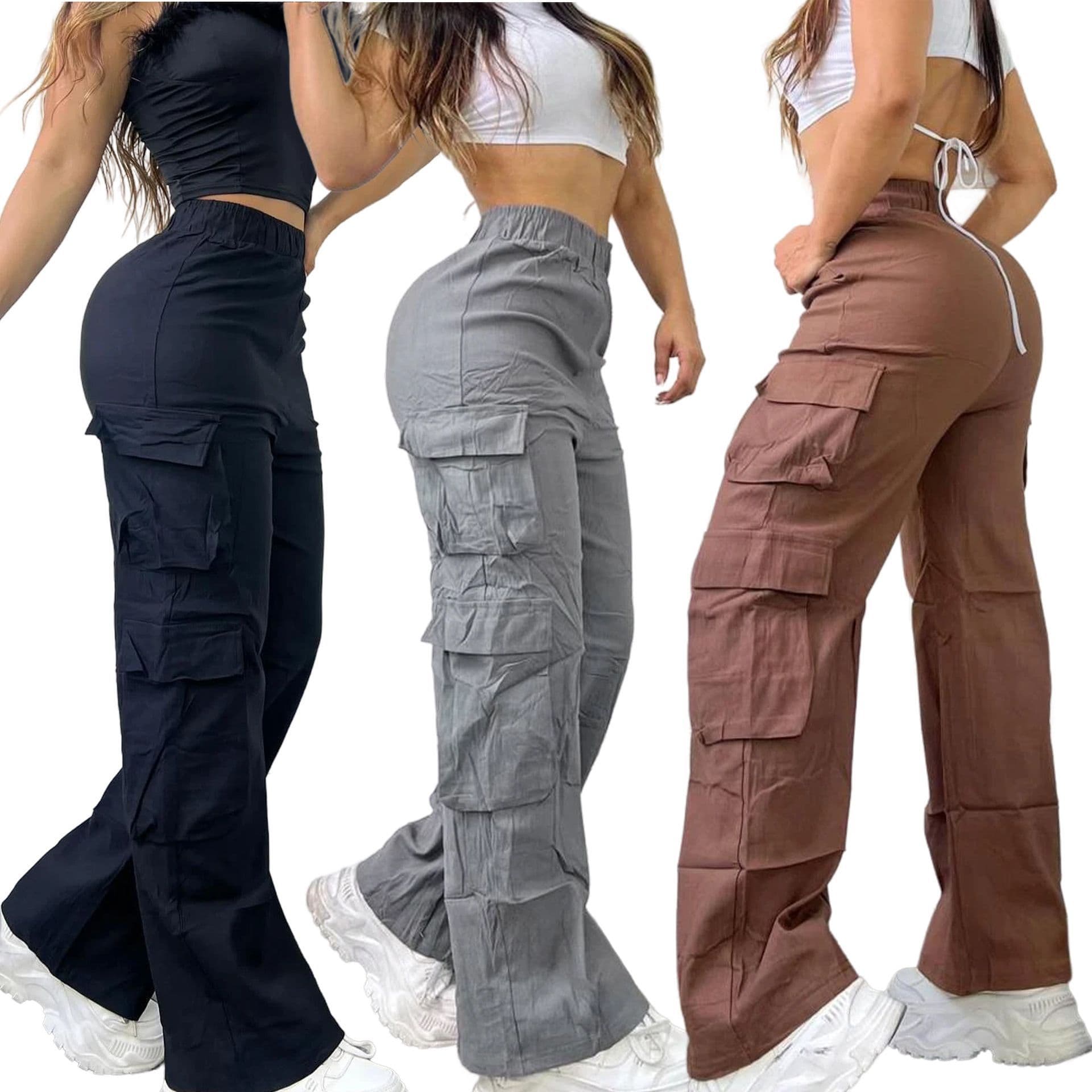 High-Waisted Cargo Pants Women's Wide Leg Multi-Pocket Streetwear Pants – Utility Chic (Black, Grey, Light Brown)