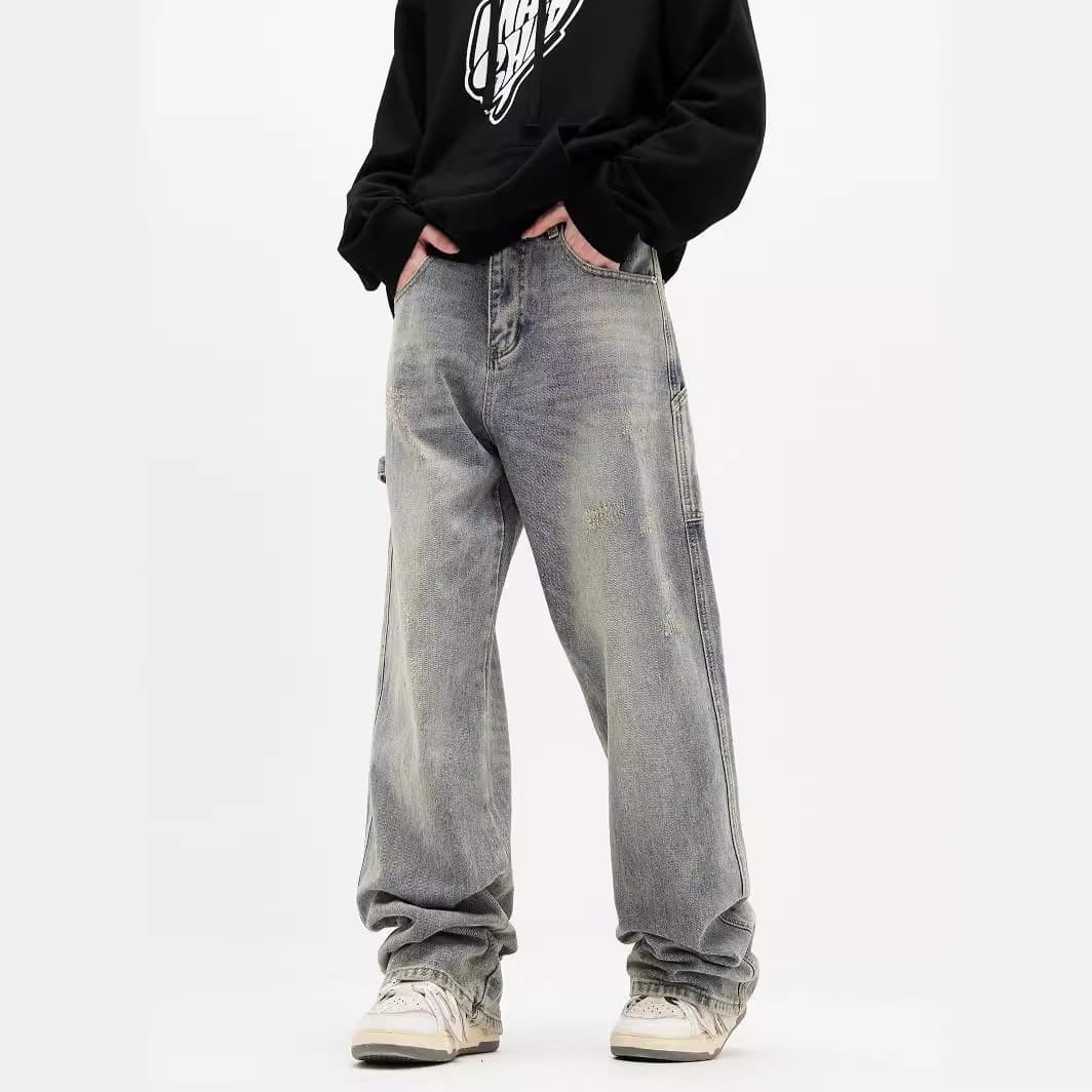 Men's Clothing Retro Washed Straight Leg Jeans Light Blue Distressed High Street Style Loose Fitting Trendy Trousers For Spring Autumn
