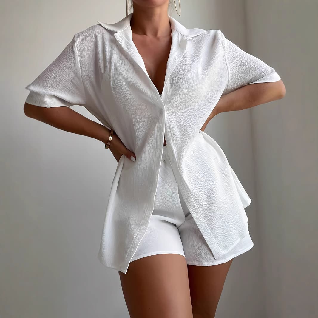 Women's Casual Summer Two-Piece Set - Solid Color Loose Fit Shirt & Shorts Outfit