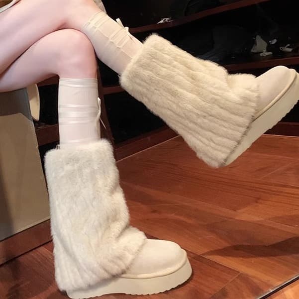 Women's Shoes Winter Warm Faux Fur Lined Snow Boots With Round Toe And Platform Sole, Low Cut Slip-On Casual Shoes For Daily Wear
