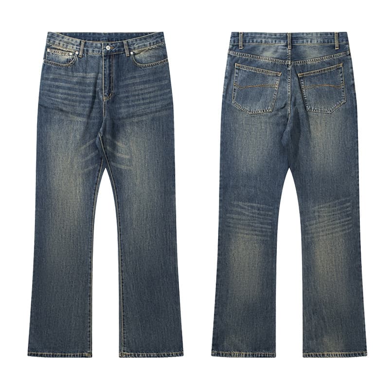 Men's Clothing Fashion Week Bamboo Cotton Washed Vintage Distressed Bootcut Straight Flared Denim Pants