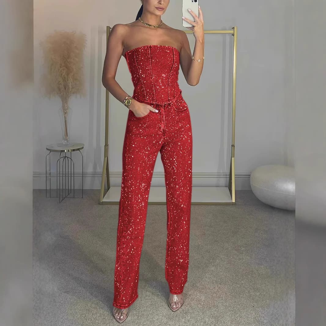 Sexy Off-shoulder Sequined Vest And Diamond Pants Denim Two-piece Set For Women At Parties And Nightclubs