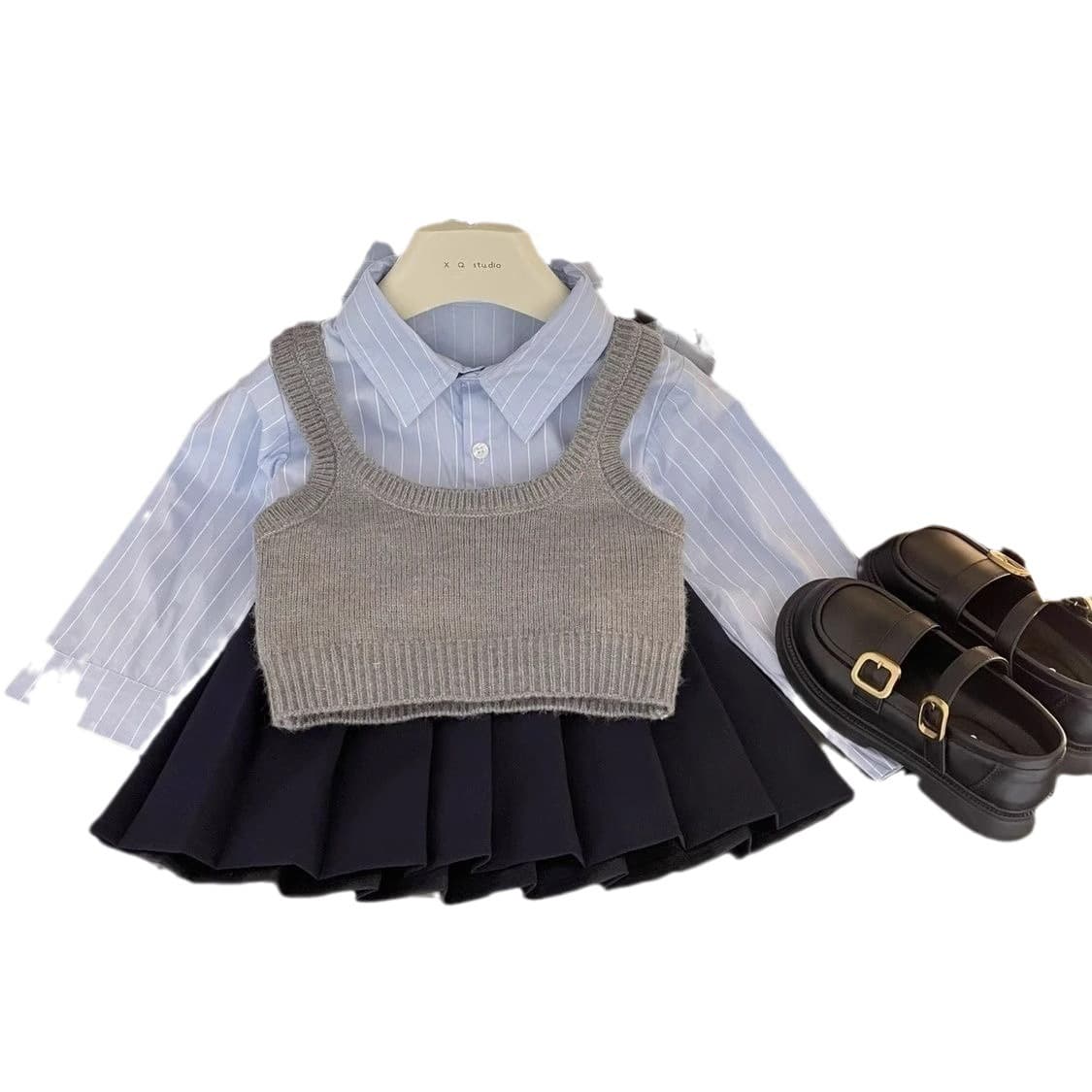 Women's Treasure Vest Vest Blue Striped Shirt Pleated Skirt College Style Three-piece Set