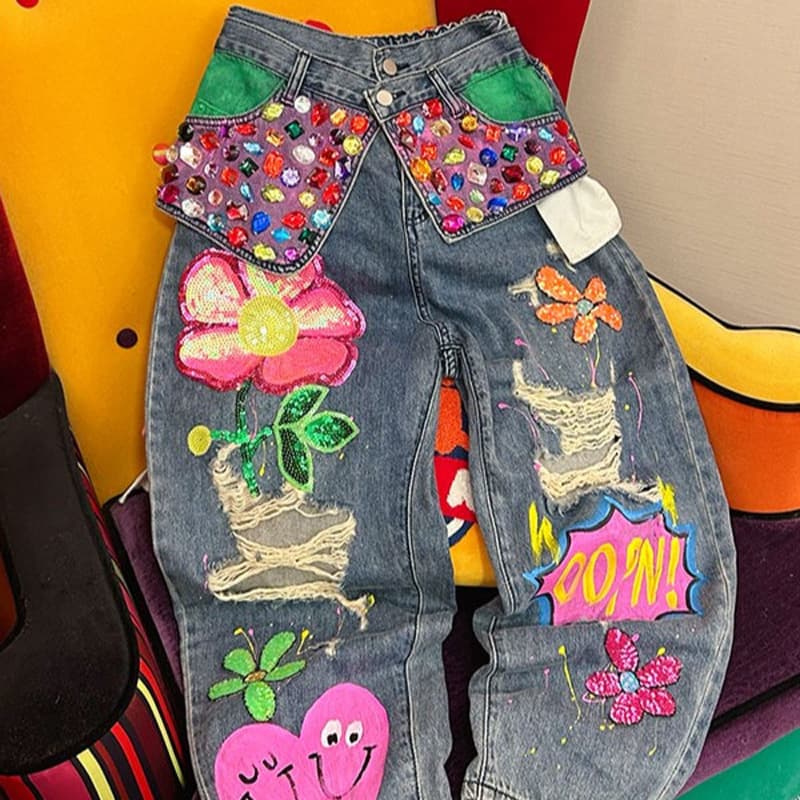 Women's Clothing Spring New Heavy Industry Beaded Ripped Jeans Women's High Waist Loose Straight Pants Cross-border Trendy Brand