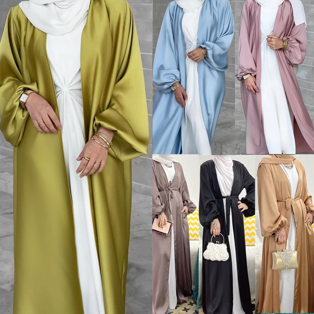 Women's clothing Muslim women's dress puff sleeves satin Middle Eastern cardigan robe muslim abaya
