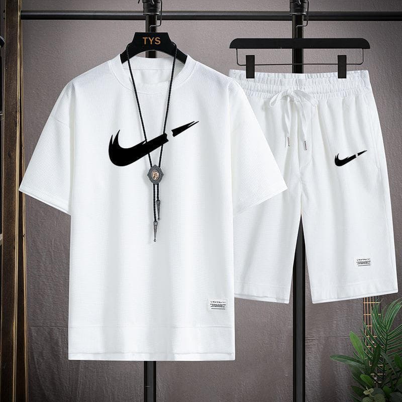 Gaufre T-shirt hommes deux pièces ensemble Couple ample mode grande taille 5/4 pantalon extérieur décontracté
