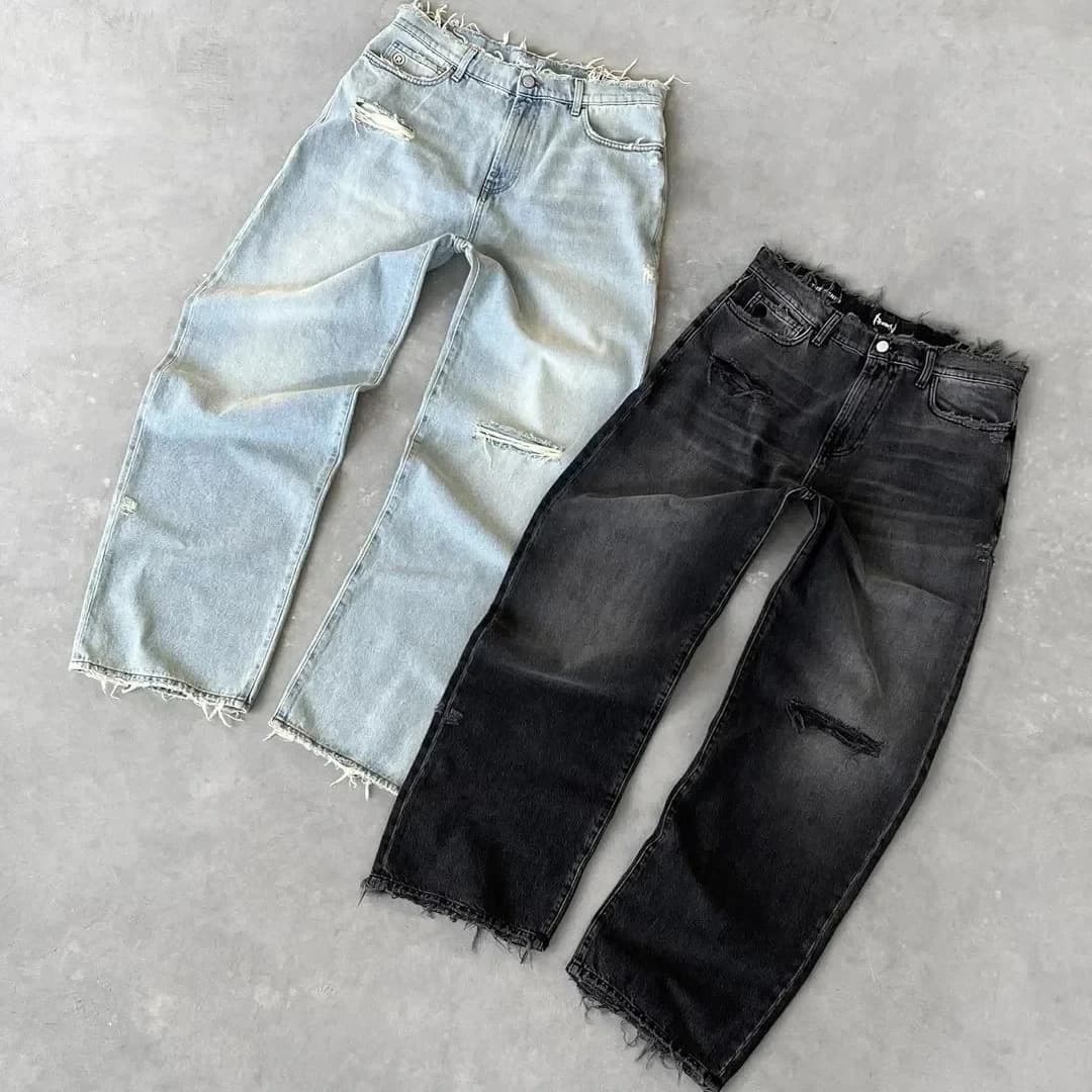 Washed Distressed Solid Color Jeans, Unisex Street Fashion Casual Pants
