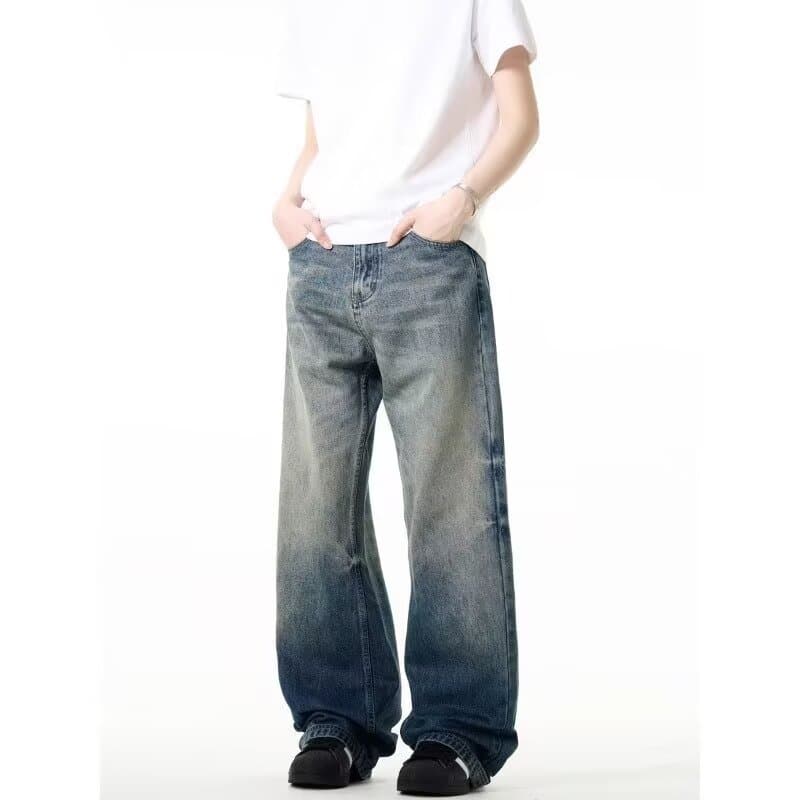 Men's Clothing washed jeans for teenagers spring and autumn trendy brand ins loose wide leg straight pants old flared pants