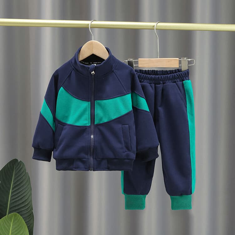 Boys' Patchwork Cardigan & Pants Set - Trendy Two-Piece Outfit For 3-7 Year Olds (Navy Blue) - Comfortable Cotton Blend