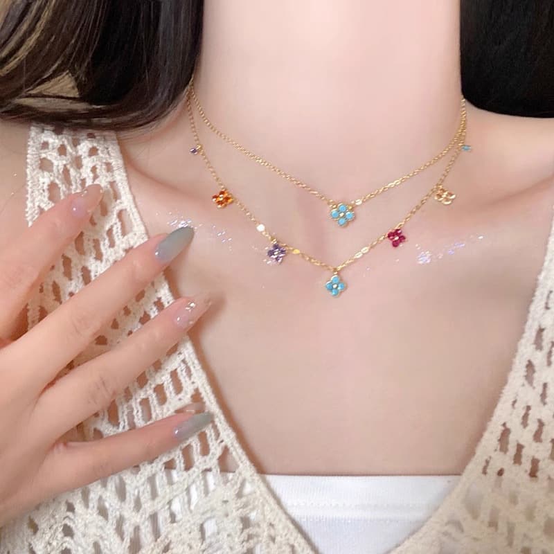 Forest Style Four-Leaf Clover Necklace For Women, Light Luxury Colorful Zircon Fashion High-End Trend Exquisite