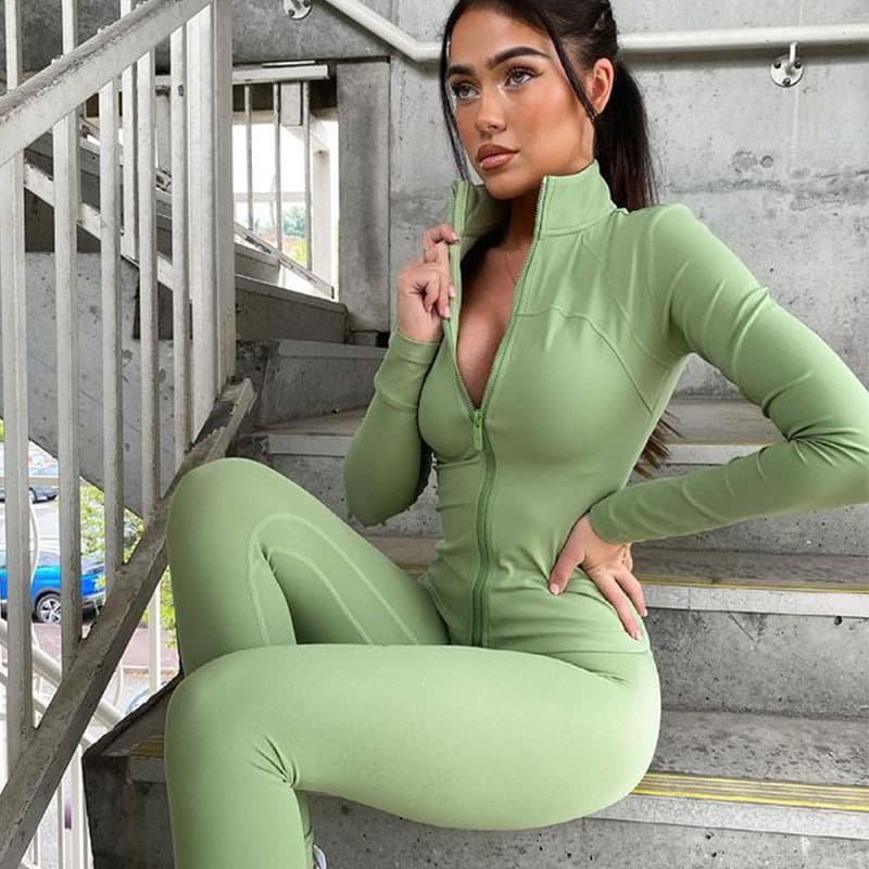 Women's Fashion Solid Color Zip-up Collar Sports Coat Fitness Yoga Pants Suit