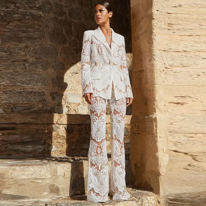 Women's gauze heavy embroidery sequin suit jacket trousers set two pieces