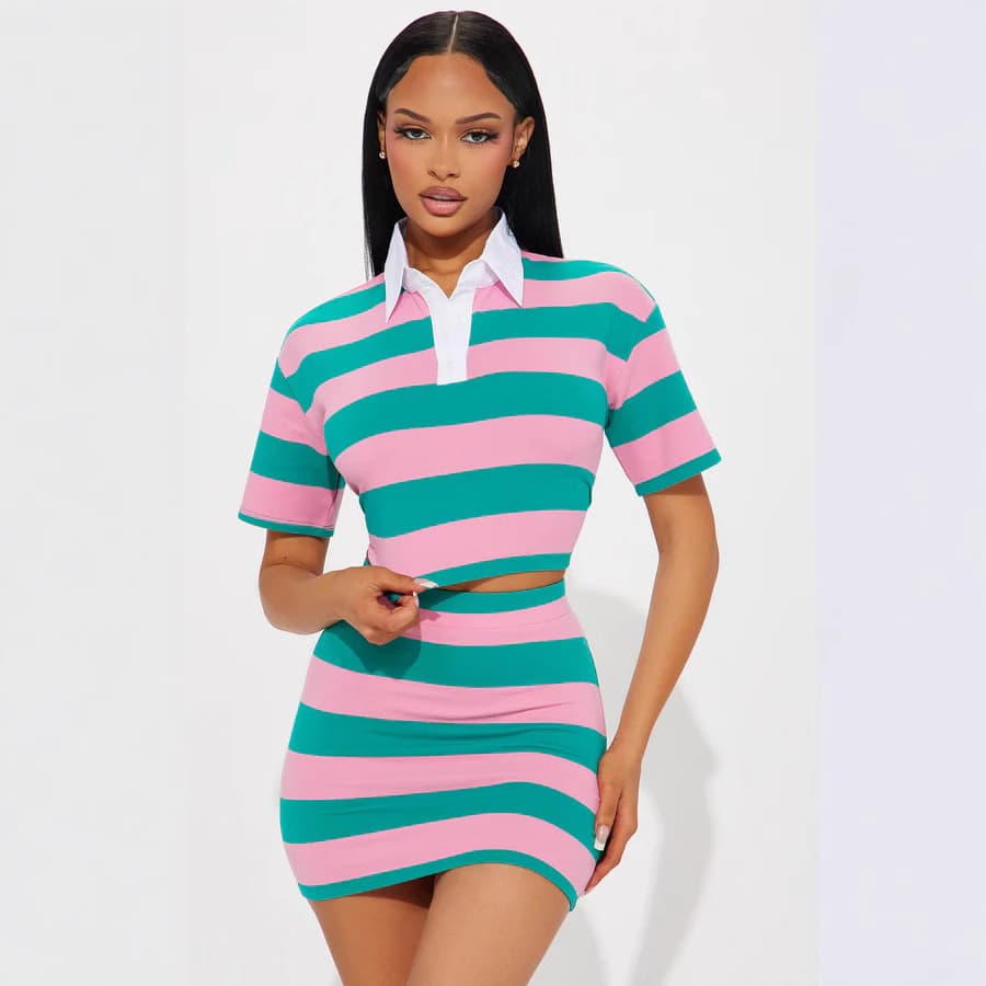 Women's Clothing Autumn New Products Navel Baring Contrast Color Striped Shirt Collar Skirt Suit For Women