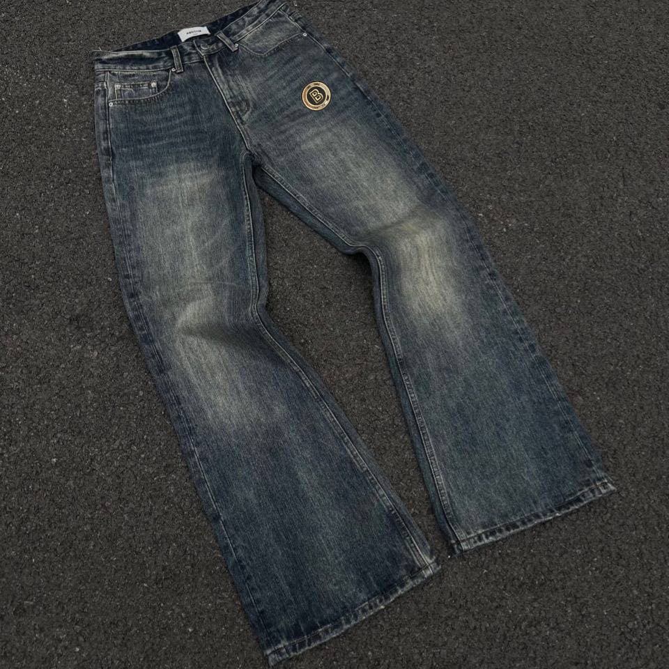 ​Vintage Washed Denim Flared Pants - Retro High-Waisted Bootcut Jeans For Men & Women, Distressed Detailing, Classic Blue (S-XXXL)​