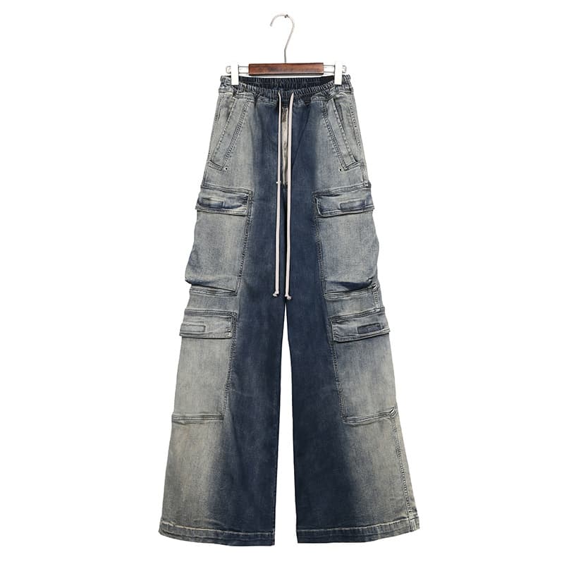 Men's Dark Gradient Denim Cargo Pants Wide Leg Loose Flared Casual Pocket Tooling Jeans For Spring Autumn Summer