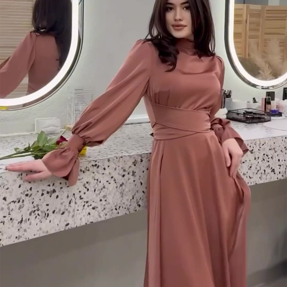 Women's fashion long sleeve temperament elegant women's waist dress