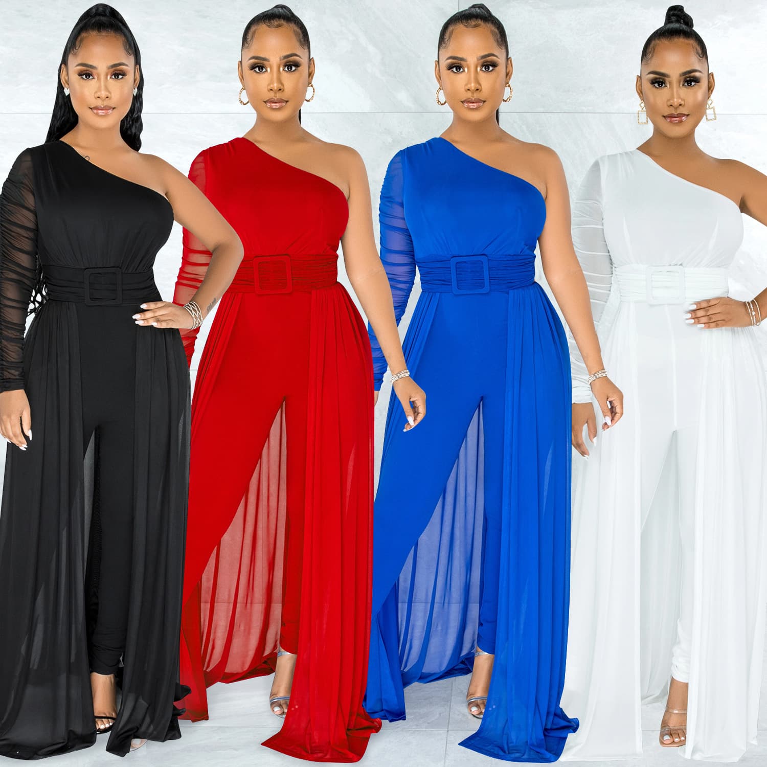 Women's Clothing solid color sexy mesh see-through one-shoulder slope collar long-sleeved long pants jumpsuit for women