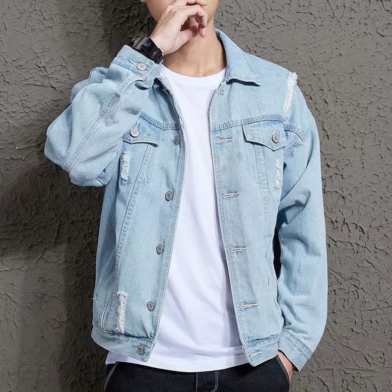 Men's Denim Jacket With Distressed Details – Oversized Boyfriend Fit, Casual Streetwear, Unisex Couple Outfit (Light Blue, S-XXXL)