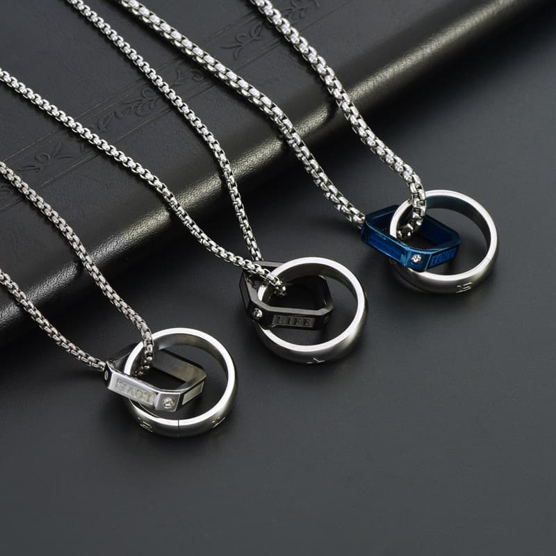 Men's Jewelry Stainless Steel LOVE Double Circle Necklace Punk Style Square Pendant Simple Long Pendant