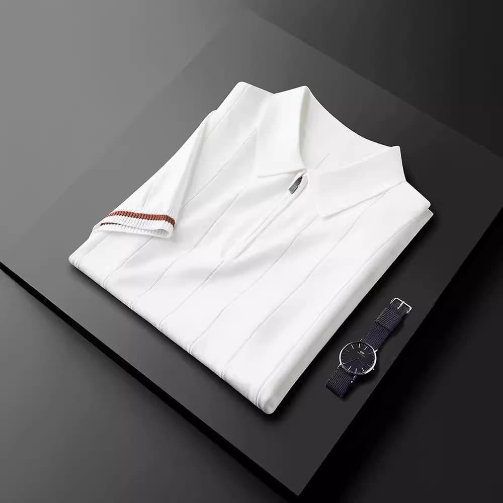 Men's Clothing HCF light luxury spring thin knitted sweater white polo shirt men's short sleeved slim fit half zip lapel T shirt men