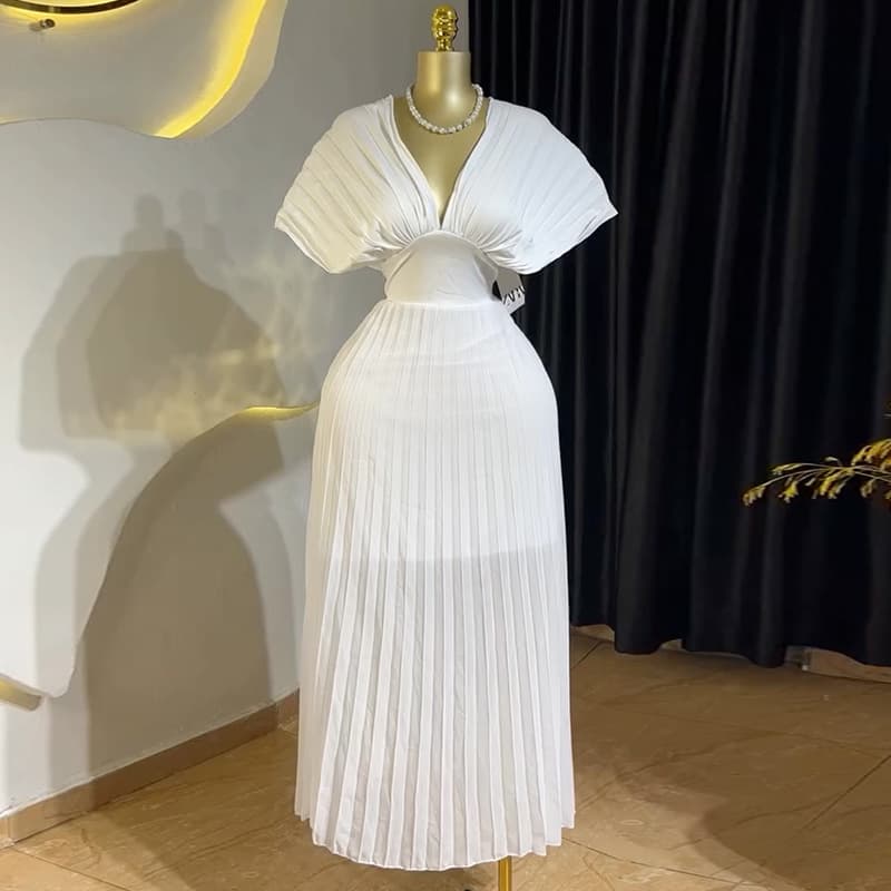 Women's Clothing Spring New Style Elegant Pleated V Neck Bat Sleeve High Waist A Line Dress Long Skirt