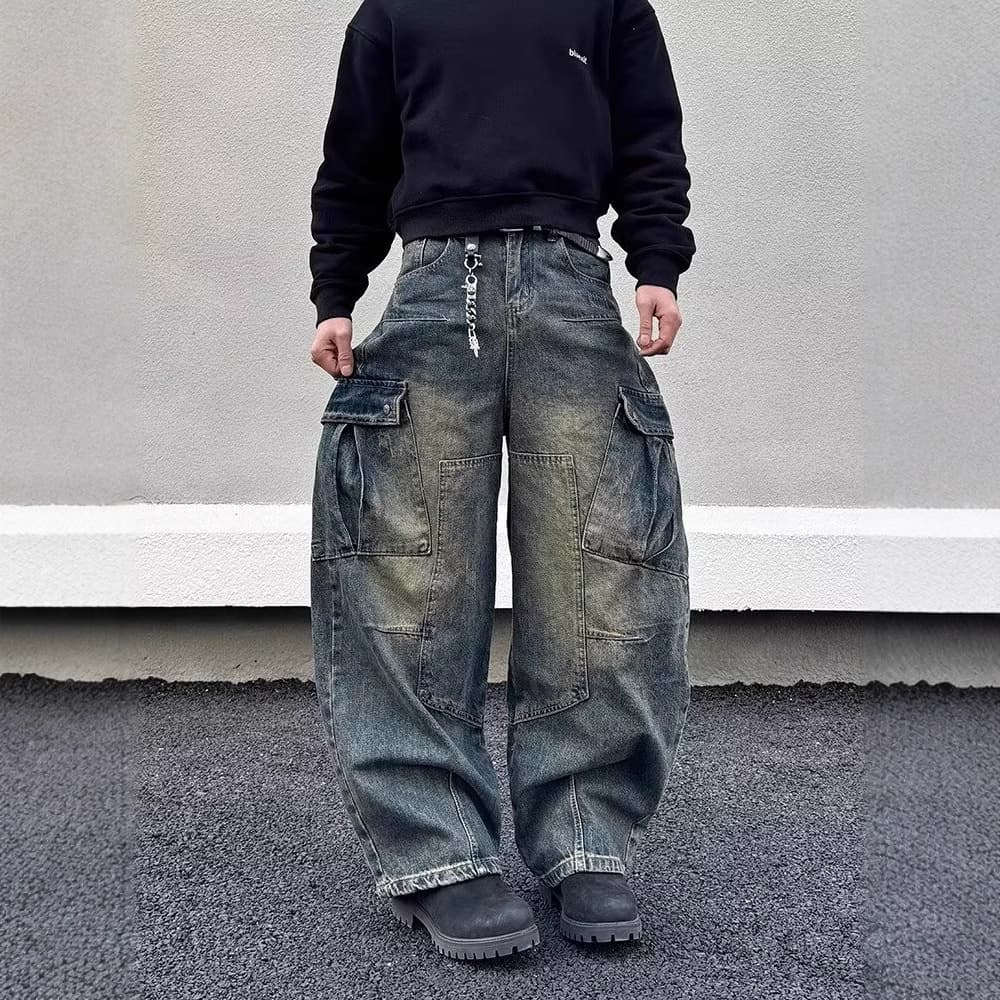 Men's Clothing Fashion Brand Heavyweight Multi Pocket Scimitar Jeans For Men And Women Street Blasting Old Washed Wide Leg Workwear Pants For Couples