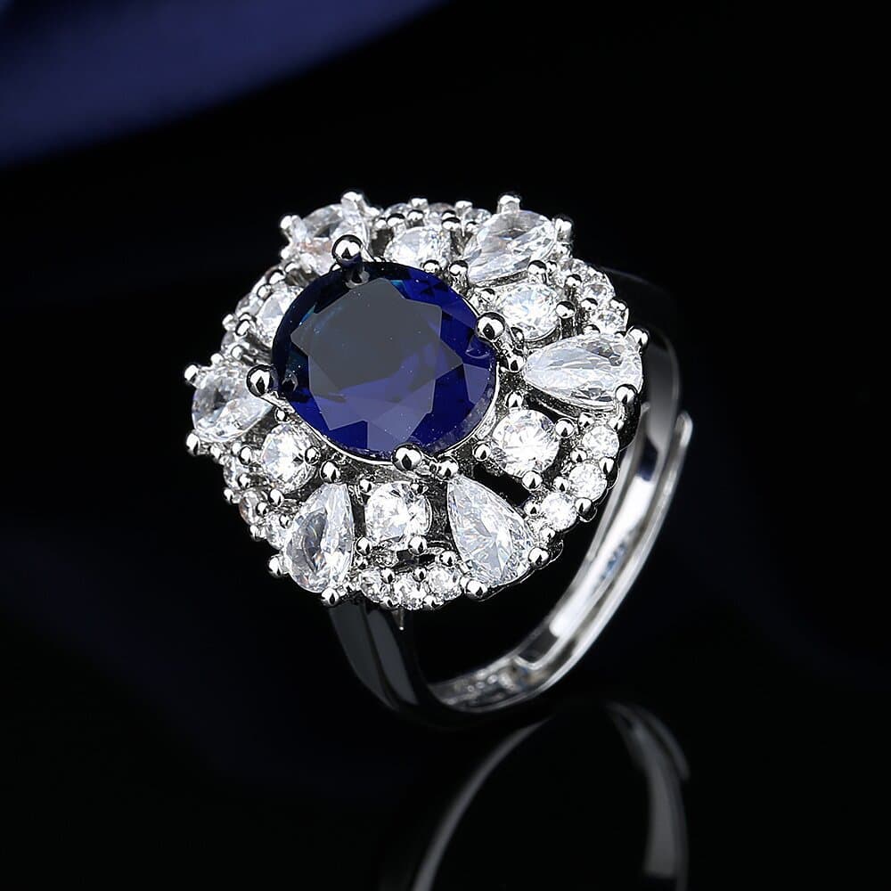 Bridal Dress With Zircon Inlaid Blue Matching Jewelry Ring Necklace Earring Set