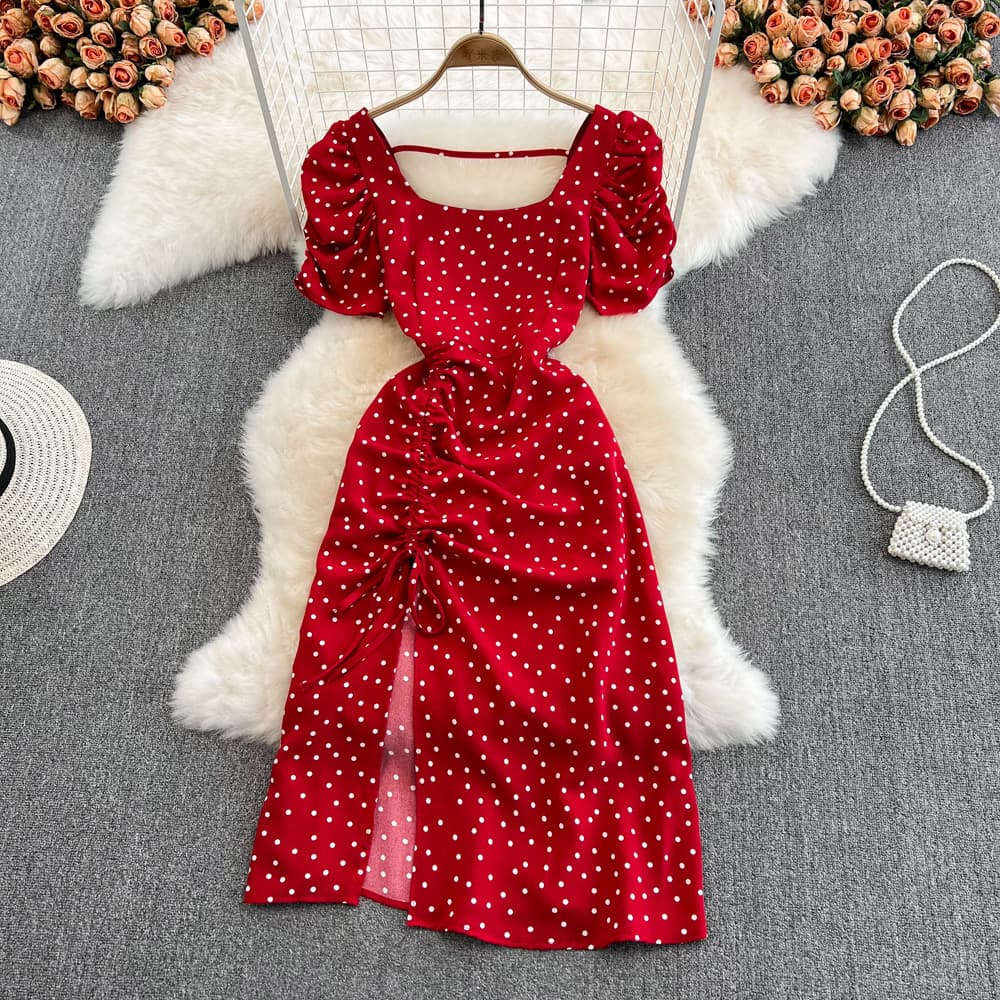 Women's Clothing Sexy square neck slim-fit puffy sleeve mid-length split polka dot dress
