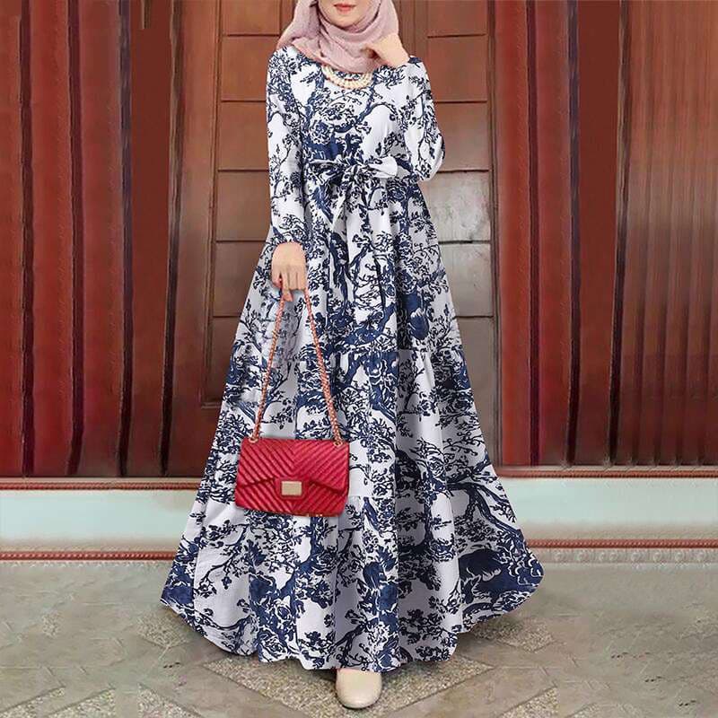 Women's Muslim retro print loose pullover large size dress