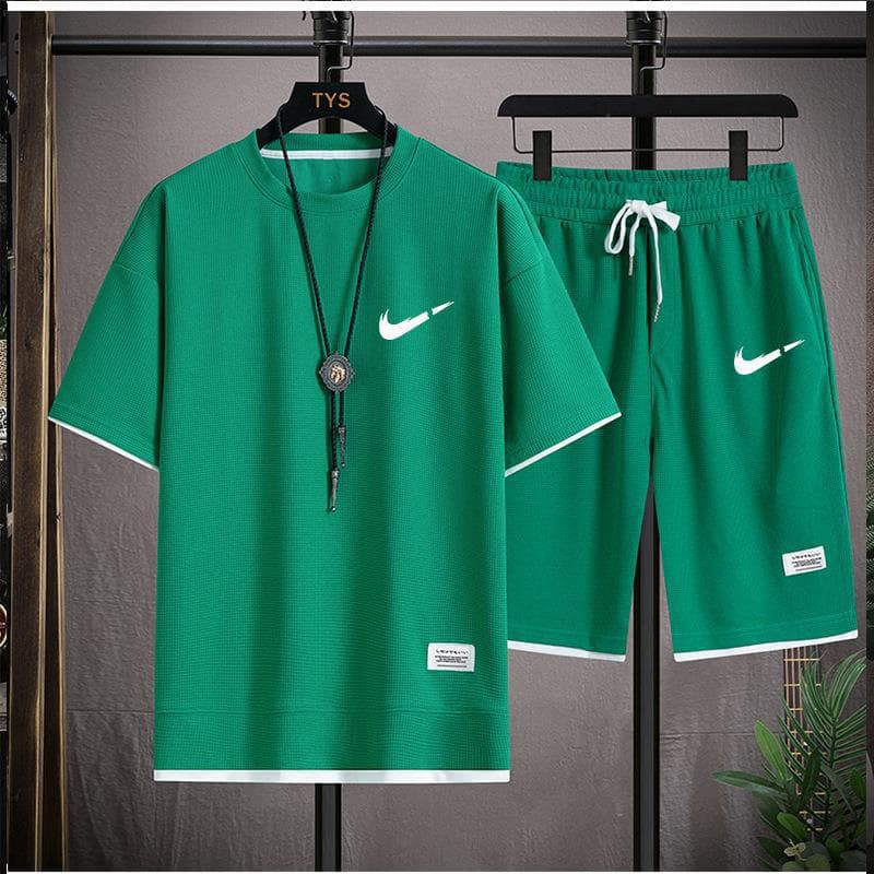 Gaufre T-shirt hommes deux pièces ensemble Couple ample mode grande taille 5/4 pantalon extérieur décontracté