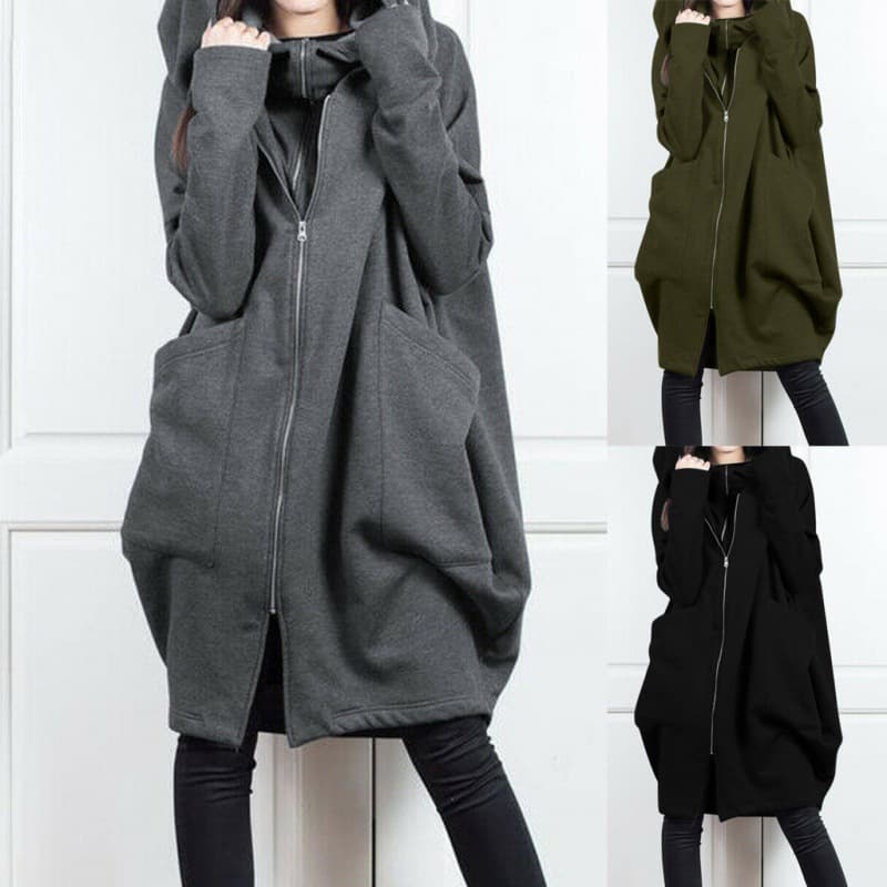 Women's Clothing Hooded Pocket Sweatshirt Zipper Mid Length Two Piece Loose Jacket Women