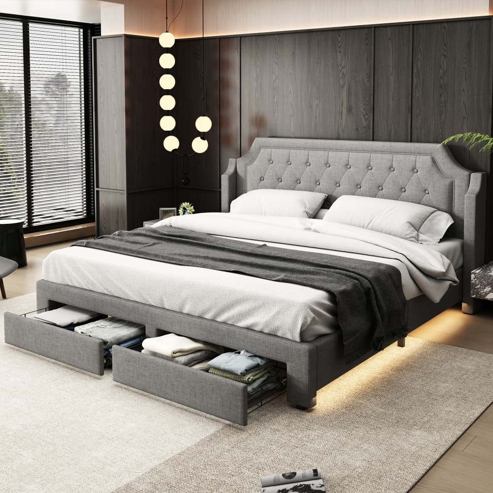 Polsterbett 180*200 Mit Lattenrost Und Kopfteil, Mit 2 Schubladen, LED-Bett, Jugendbett, Holzlattenunterstützung, Einfache Montage, Leinen, Grau