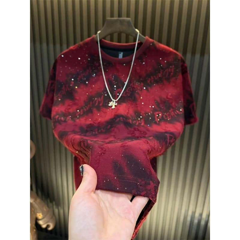 Men's Starry Sky Rhinestones Short Sleeve T-Shirt Ripped Crew Neck Casual Trendy Base Layer New Style