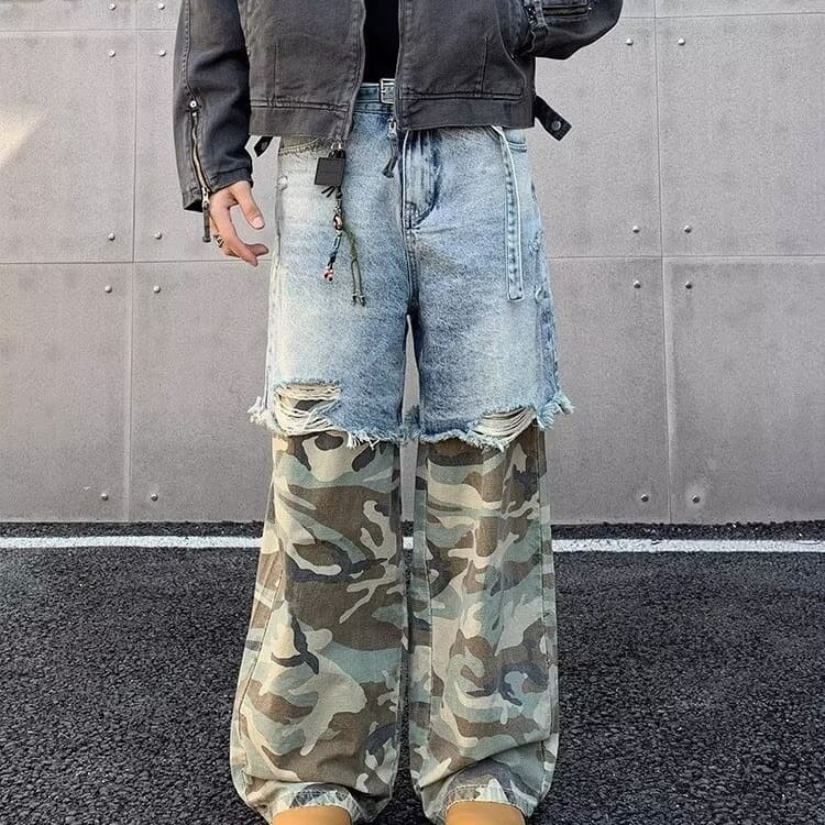 Men's Clothing High Street Stitching Camouflage Jeans Two Piece Distressed Washed Hip Hop Trend Personality Straight Trousers